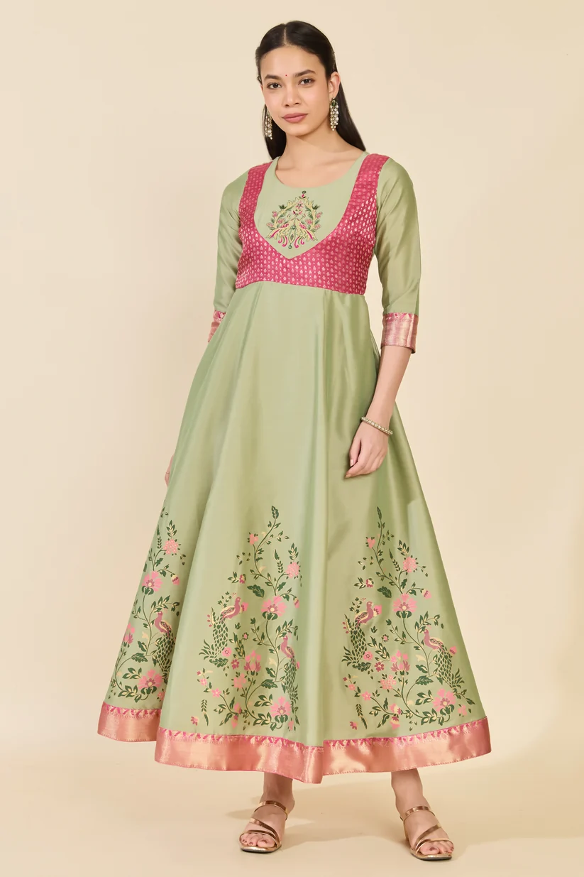 Green Anarkali with Pink Florals